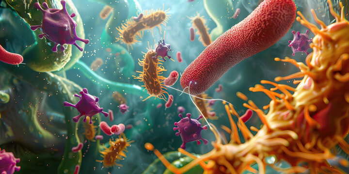 Antibiotic Mode of Action: Detailed view of antibiotics interacting with bacterial cells, illustrating mechanisms of microbial inhibition