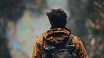A person wearing a brown jacket and backpack is enjoying a tranquil nature hike