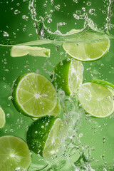 Fresh, juicy green lime slices levitate and fall into the water. Bright green background. Splash of water and flying drops. Refreshing lime juice. Concept for cosmetics, juice, packaging, advertising.