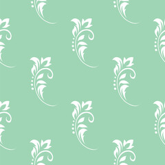 Vintage seamless plant pattern of white stylized stems, leaves and curls on light green background. Retro style. Vector backdrop, texture for victorian wallpapers, wrapping paper, fabric