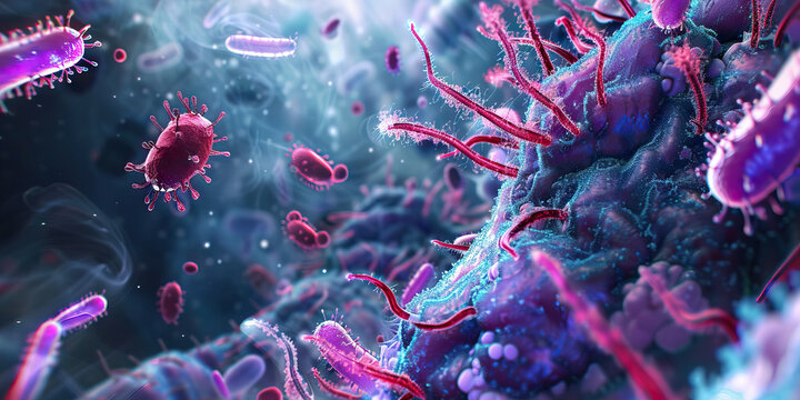Antibiotic Mode of Action: Detailed view of antibiotics interacting with bacterial cells, illustrating mechanisms of microbial inhibition