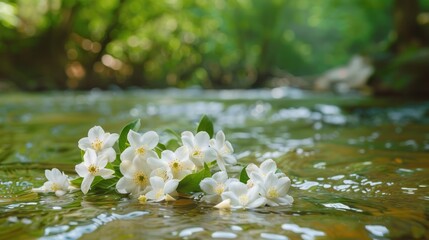 Jasmine flowers elegantly submerged in clear, flowing water, highlighting their pure and peaceful...