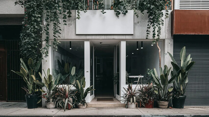 Chic minimalist modern concrete cafe shop facade with windows, decorated with exotic plants, blank signage to put brand logo, mockup, coffee business