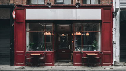 Chic vintage dark red cafe shop facade with windows, blank signage to put brand logo, mockup, coffee business