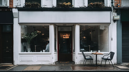 Chic vintage white cafe shop facade with windows, blank signage to put brand logo, mockup, coffee business