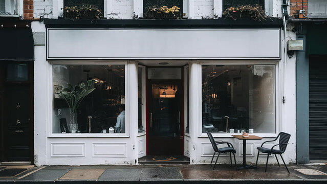 Chic vintage white cafe shop facade with windows, blank signage to put brand logo, mockup, coffee business