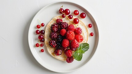 Summer pancake with berries on white plate. Food top view
