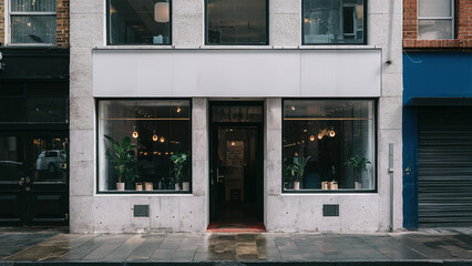 Chic minimalist modern concrete cafe shop facade with windows, blank signage to put brand logo, mockup, coffee business
