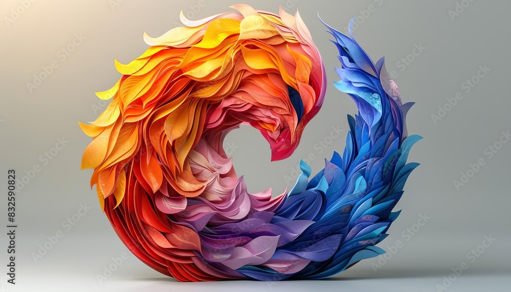 Poster colorful abstract art with vibrant feather-like shapes forming a dynamic circular motion on a soft g