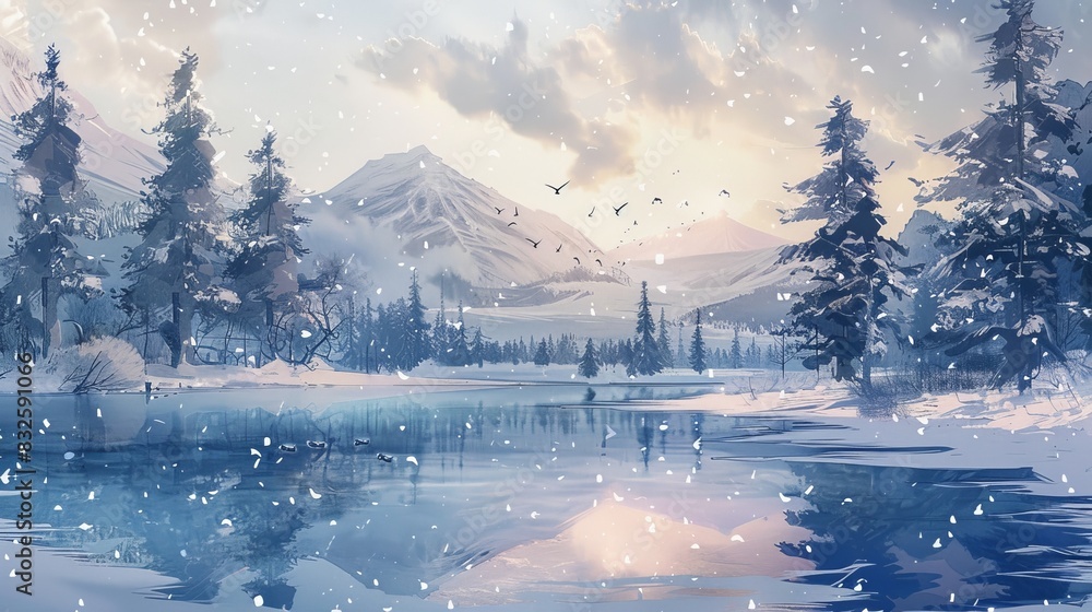 Wall mural winter wonderland with snowy mountains and a frozen lake for christmas or winter themed designs - Wall murals