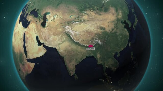 Bhutan map.Cinematic video background showcases Realistic Globe rotating, zooming in on Bhutan country.