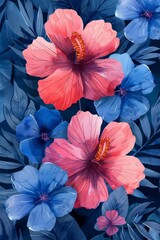 Vibrant watercolor painting featuring pink and blue hibiscus flowers with lush leaves, creating a colorful and tropical botanical scene.