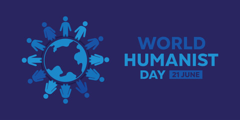 World Humanist Day. Earth and people icon. Great for cards, banners, posters, social media and more. Blue background.
