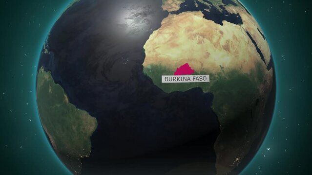 Burkina Faso map.Cinematic video background showcases Realistic Globe rotating, zooming in on Burkina Faso country.