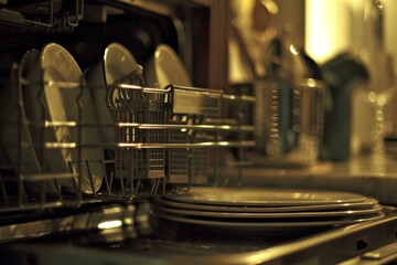 Fototapeta premium Modern dishwasher kitchen household dish washing machine professional restaurant cafe equipment consumer grade heavy load home routine clean plates cups appliances loading unloading water technology