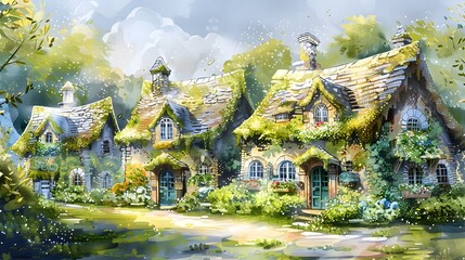 Obraz premium Charming Moss Covered Fairytale Cottages in a Tranquil Seaside Village with Whimsical Architecture and Lush Greenery