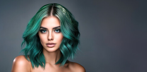 Fototapeta premium Mysterious portrait shot of a woman with green hair and deep makeup, catching the eye with its unconventionality