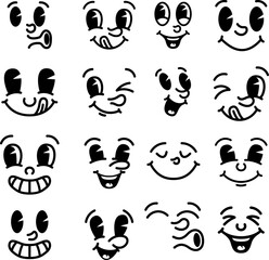 Set of cartoon faces, funny characters. Old style animation eyes, mouth. Cartoon eyes. Comic style faces. Vector illustration