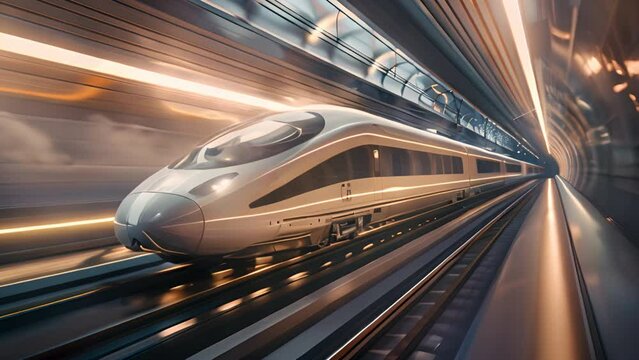Double exposure featuring a sleek bullet train traversing a hyperloop tunnel, blurring the lines between reality and fiction.