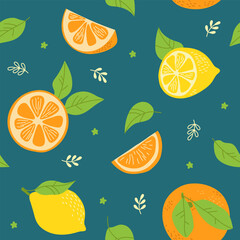 Seamless summer pattern with fresh orange and lemon, full, half, slice, leaves. Fruits. Freehand vector illustration on dark background