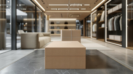 An eco-friendly rectangular packaging box with a natural brown kraft paper exterior , luxurious materials, stylish furniture