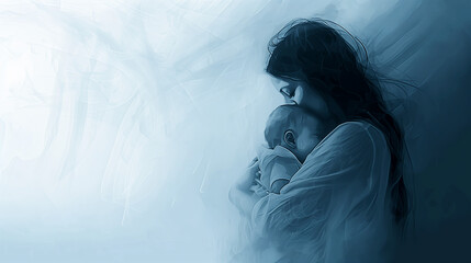 A new mother suffering post partum to post natal depression, holding her baby close and looking sad and pensive, blue grey colour palette, landscape format 16:9 with copy space blank