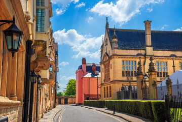 Front view of Gothic and Baroque architecture on a sunny day in Oxford city England, United Kingdom