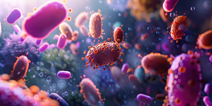 Biochemical Pathways of Bacteria: Close-up view of metabolic processes within bacterial cells, illustrating biochemical interactions and pathways