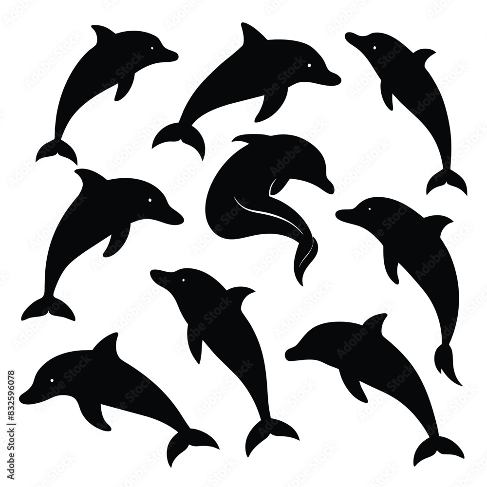 Sticker Set of Bottlenose Dolphin animal black silhouettes vector on white background