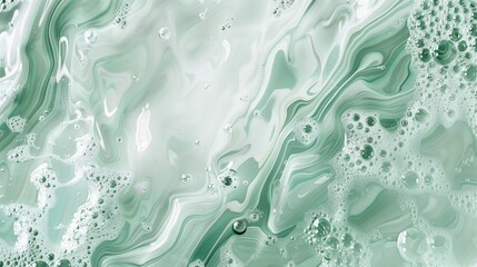 Naklejka premium Swirling green and white fluid, resembling the texture of abstract painting, with bubbles floating in it.