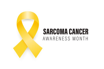 Sarcoma, Bone Cancer Banner, Card, Placard with Vector 3d Realistic Yellow Ribbon on White Background. Sarcoma Cancer Awareness Month Symbol Closeup, July. World Bone Cancer Day Concept