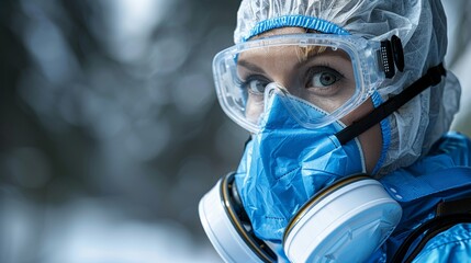 Female in protective gear and respirator on virus background  concept of pandemic preparedness