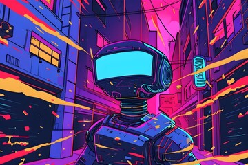 Overwhelmed Futuristic Robot Navigates Chaotic Neon Lit Cityscape in Pixel Art Animation