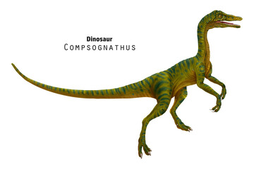 Compsognathus illustration. Small green striped dinosaur.