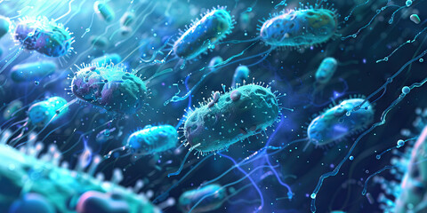 Bacterial Cell Wall Composition: Close-up view of bacterial cell walls and their structural components, influencing virulence and antibiotic susceptibility