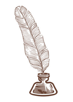 recommend clip art: Feather quill in glass inkwel...Feather quill in glass inkwell. Antique pen and bottle of ink for writing. Hand drawn sketch vintage vector illustration