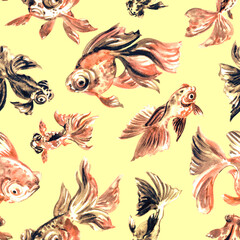 Watercolor patterns of telescope fish on colored backgrounds, print for fabric and other designs.