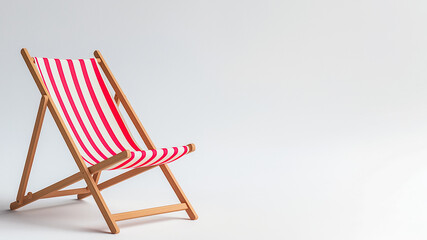 A red and white striped beach chair with wooden legs and copy-space. The chair is empty and is sitting on a white background