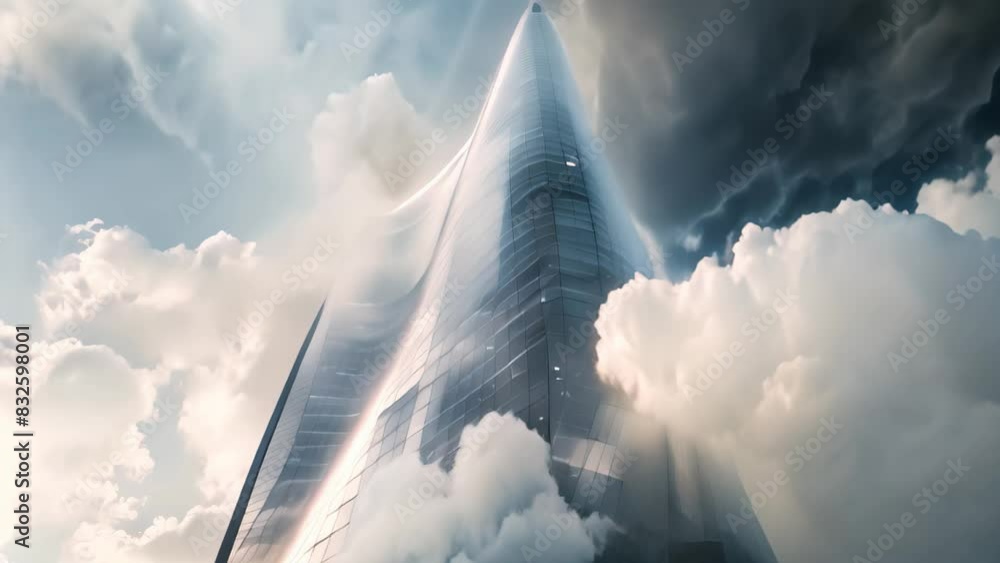 Poster a very tall building with a unique shape towering against a sky background, a modern skyscraper with