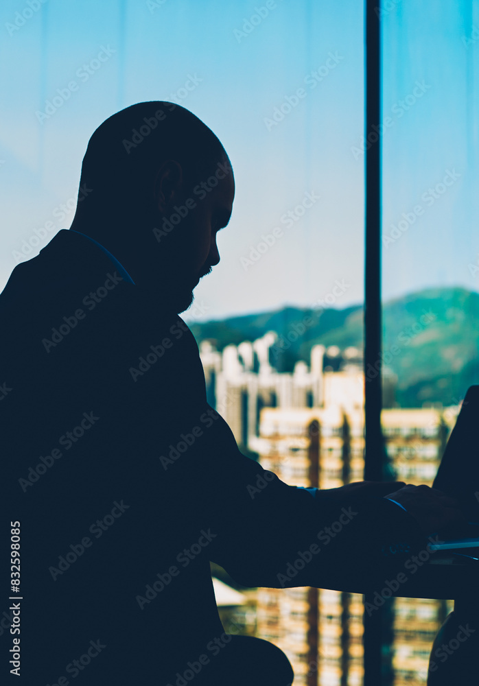 Poster black silhouette of professional finance director checking online database and working on business p
