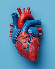 Closeup of a heart 3D model, set against a medical blue background