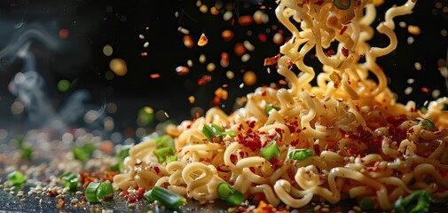 Closeup of instant noodles with visible spices and ingredients, and room for additional text