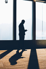 Silhouette of executive director messaging on smartphone with business partner standing in office...