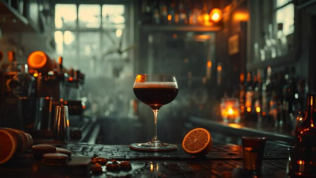 A glass filled with liquid placed on top of a table, A moody and atmospheric cocktail evoking a sense of mystery and intrigue