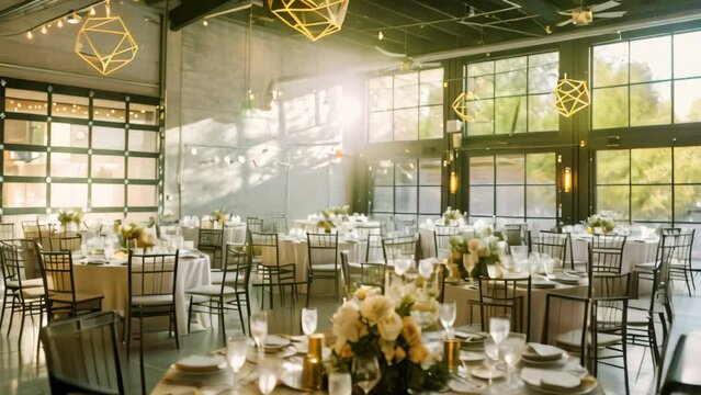 A large room with tables and chairs arranged elegantly for a formal function, featuring sleek geometric decor, A modern, sleek wedding venue with geometric decor and metallic accents