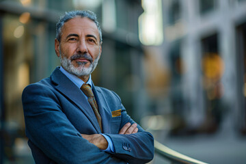 Distinguished Elderly Man in a Suit Standing Confidently Outdoors in an Urban Business District