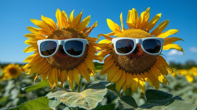 Sunflowers in sunglasses on blue sky backdrop, hello summer concept with vibrant summer background