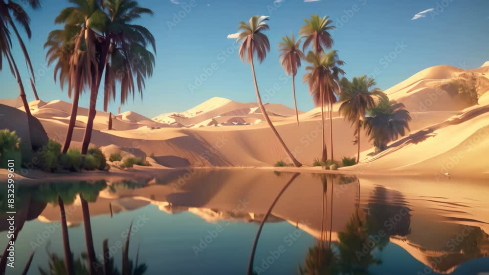 Poster palm trees reflecting in water, a mystical desert oasis with palm trees swaying in the breeze and a 