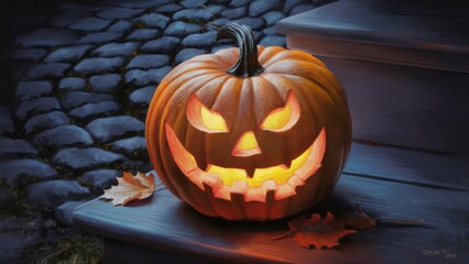Obraz premium Spooky Halloween pumpkin, carved with a grinning face, sitting on a wooden porch step. The pumpkin glows from within