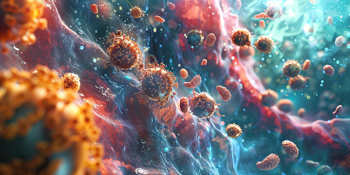 Microbial Invasion: Close-up view of bacterial colonies infiltrating human tissue cells, depicting a microscopic battle